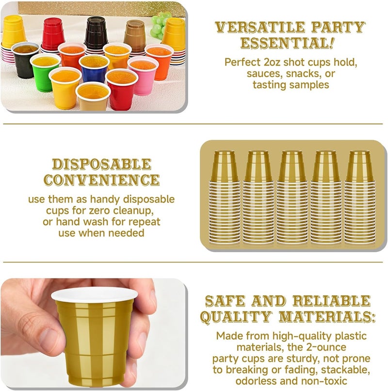 Pineburg 100Pack 2oz Carnival Disposable Shot Glasses, Gold Plastic Shot Glasses, Mini Disposable Cups for Parties Valentine's Day Weddings Graduation Party Games & Events Supplies(Gold) - Image 3